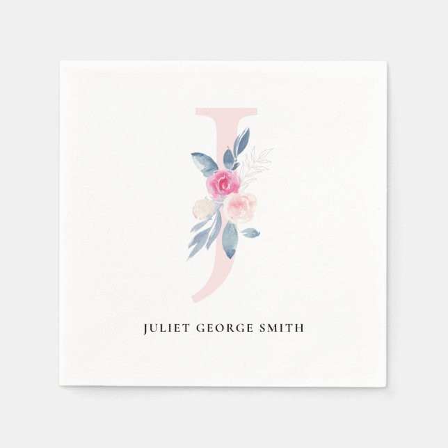 SOFT BLUSH BLUE WHITE FLORAL ALPHABETS LETTER J NAPKIN (Front)