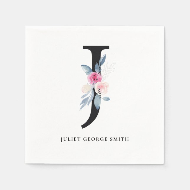 SOFT BLUSH BLUE WHITE FLORAL ALPHABETS LETTER J NAPKIN (Front)