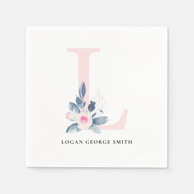 SOFT BLUSH BLUE WHITE FLORAL ALPHABETS LETTER L NAPKIN (Front)
