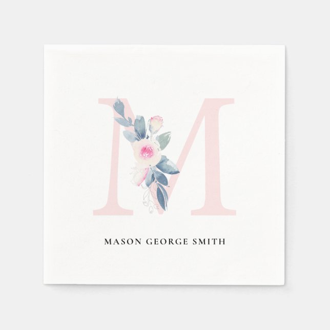 SOFT BLUSH BLUE WHITE FLORAL ALPHABETS LETTER M NAPKIN (Front)