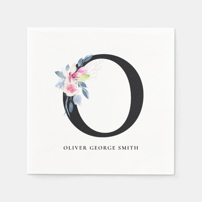 SOFT BLUSH BLUE WHITE FLORAL ALPHABETS LETTER O NAPKIN (Front)