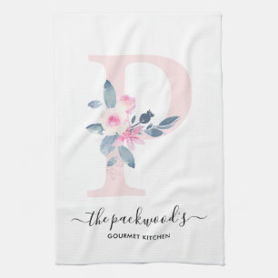 SOFT BLUSH BLUE WHITE FLORAL ALPHABETS LETTER P TEA TOWEL