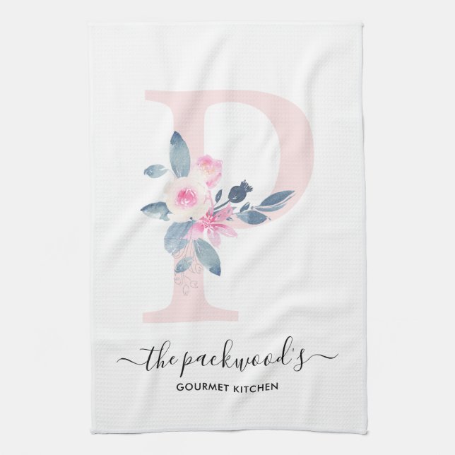 SOFT BLUSH BLUE WHITE FLORAL ALPHABETS LETTER P TEA TOWEL (Vertical)