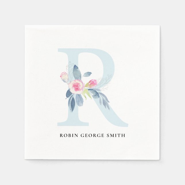SOFT BLUSH BLUE WHITE FLORAL ALPHABETS LETTER R NAPKIN (Front)