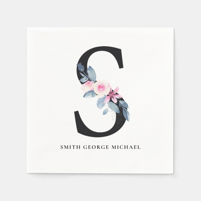 SOFT BLUSH BLUE WHITE FLORAL ALPHABETS LETTER S NAPKIN (Front)