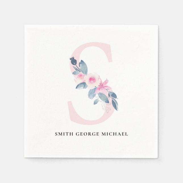 SOFT BLUSH BLUE WHITE FLORAL ALPHABETS LETTER S NAPKIN (Front)