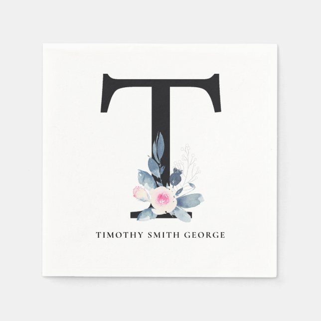 SOFT BLUSH BLUE WHITE FLORAL ALPHABETS LETTER T NAPKIN (Front)