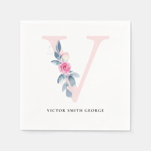 SOFT BLUSH BLUE WHITE FLORAL ALPHABETS LETTER V NAPKIN (Front)