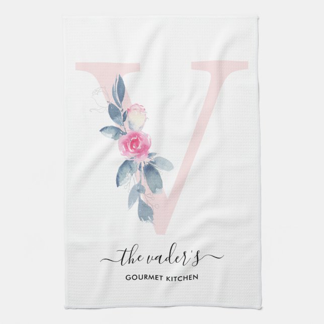 SOFT BLUSH BLUE WHITE FLORAL ALPHABETS LETTER V TEA TOWEL (Vertical)