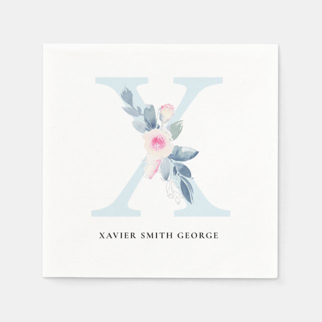 SOFT BLUSH BLUE WHITE FLORAL ALPHABETS LETTER X NAPKIN (Front)