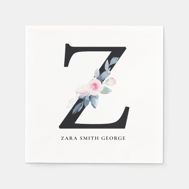 SOFT BLUSH BLUE WHITE FLORAL ALPHABETS LETTER Z NAPKIN (Front)