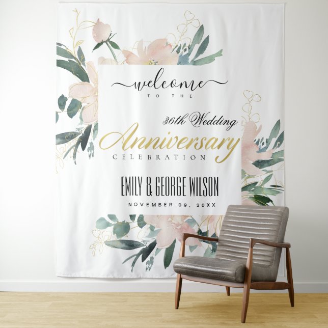 SOFT BLUSH FLORAL ANY YEAR ANNIVERSARY WELCOME TAPESTRY (In Situ)