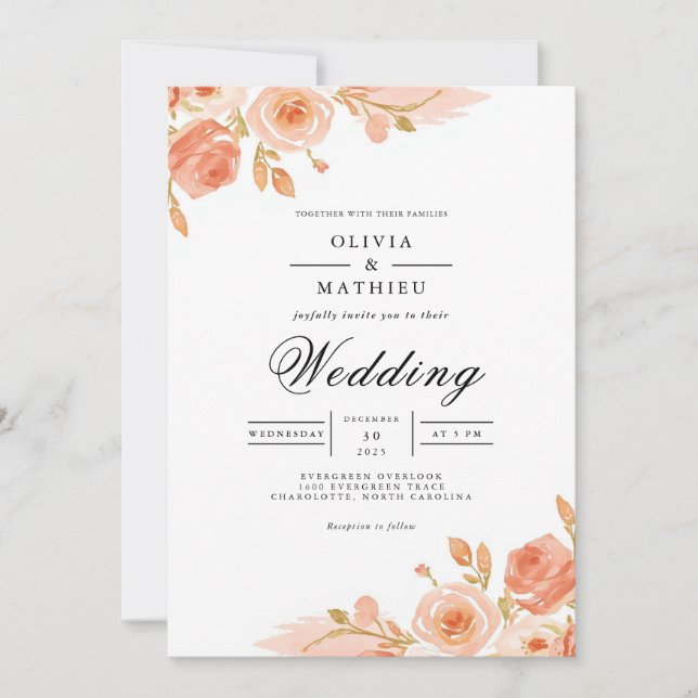 Soft Blush Floral Corner Romantic Wedding Invitation (Front)