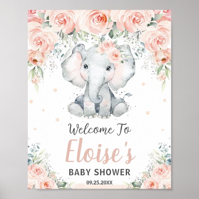 Soft Blush Floral Elephant Baby Shower Welcome  Poster (Front)