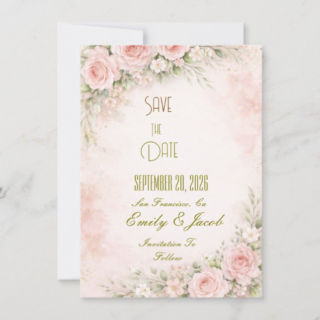 Soft Blush Floral Flat Card Save The Date (Front)
