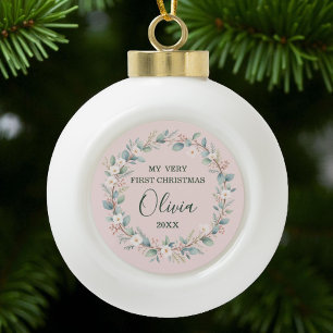 Soft Blush Floral Frame Baby’s First Christmas Ceramic Ball Christmas Ornament