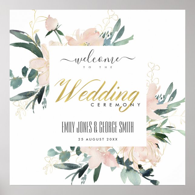 SOFT BLUSH FLORAL FRAME WATERCOLOR WEDDING WELCOME POSTER (Front)