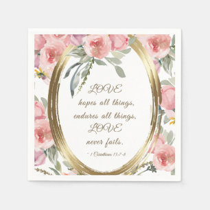 Soft Blush Floral Gold Frame Bible Verse Wedding Napkin