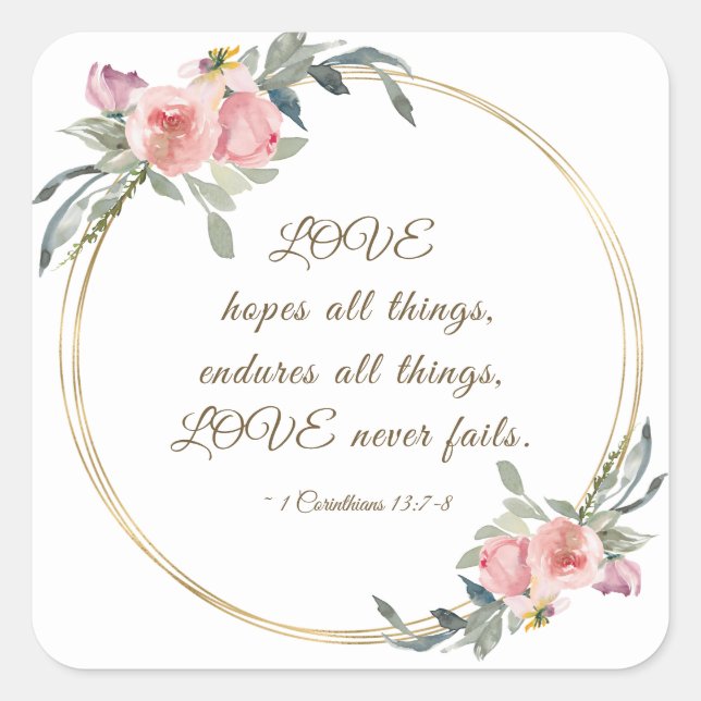 Soft Blush Floral Gold Frame Bible Verse Wedding Square Sticker (Front)