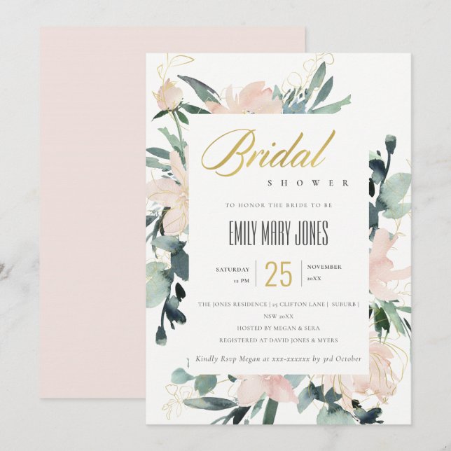 SOFT BLUSH FLORAL GOLD WATERCOLOR BRIDAL SHOWER INVITATION (Front/Back)
