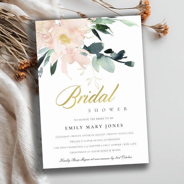 SOFT BLUSH FLORAL GOLD WATERCOLOR BRIDAL SHOWER INVITATION (Creator Uploaded)