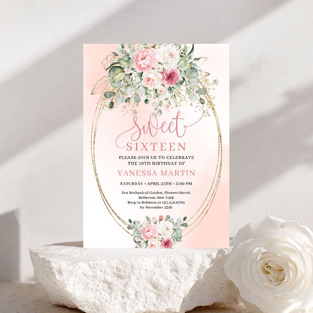 Soft Blush Floral Greenery Sweet Sixteen Invitatio Invitation (Soft Blush Floral Greenery Sweet Sixteen Invitation)