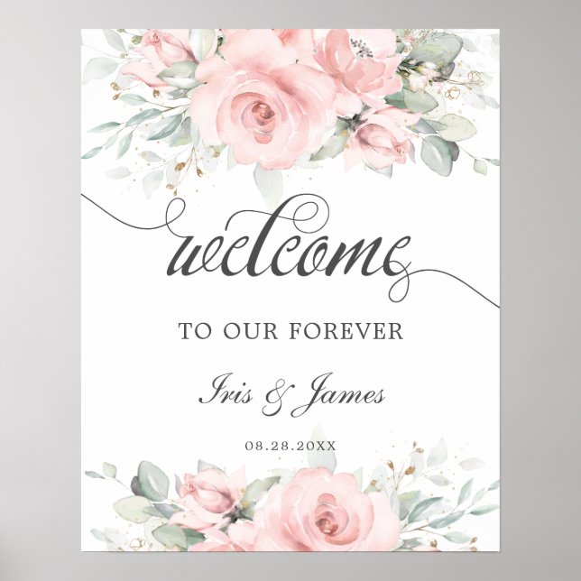 Soft Blush Floral Greenery Wedding Welcome Sign (Front)