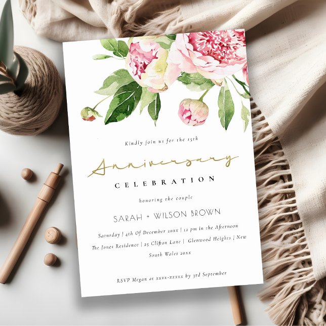 Soft Blush Floral Peony Any Year Anniversary Invitation (Creator Uploaded)