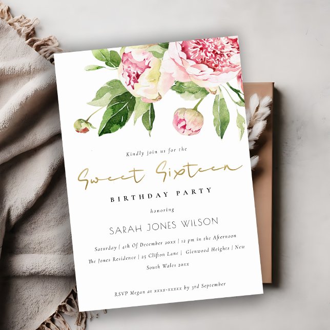 Soft Blush Floral Peony Sweet Sixteen Birthday Invitation (Creator Uploaded)