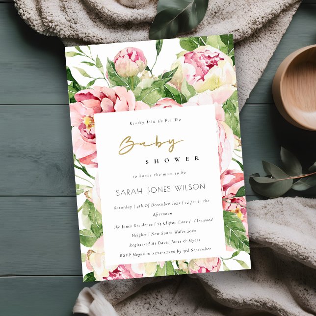Soft Blush Floral Peony Watercolor Baby Shower Invitation (Creator Uploaded)
