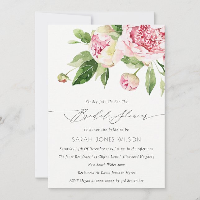 Soft Blush Floral Peony Watercolor Bridal Shower  Invitation (Front)