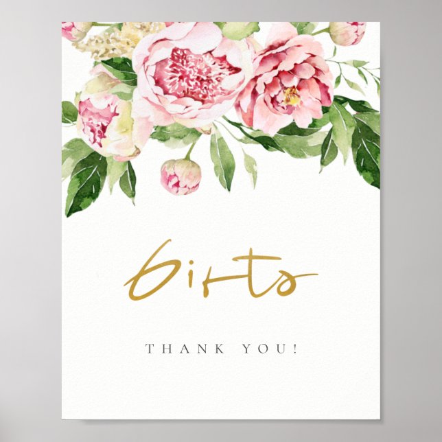 Soft Blush Floral Peony Watercolor Gifts Sign (Front)