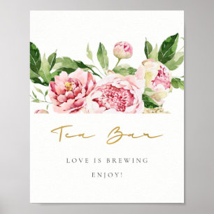 Soft Blush Floral Peony Watercolor Tea Bar Sign