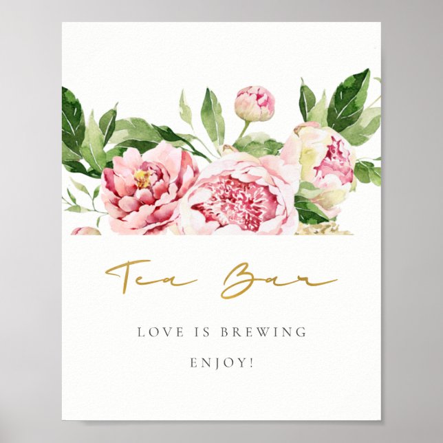 Soft Blush Floral Peony Watercolor Tea Bar Sign (Front)