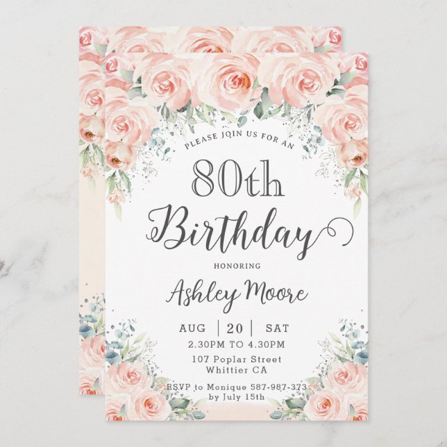 Soft Blush Floral Roses Greenery 80th Birthday Invitation (Front/Back)