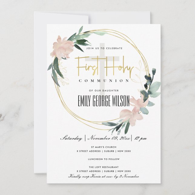 SOFT BLUSH FLORAL WATERCOLOR FIRST HOLY COMMUNION INVITATION (Front)