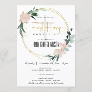 SOFT BLUSH FLORAL WATERCOLOR FIRST HOLY COMMUNION INVITATION