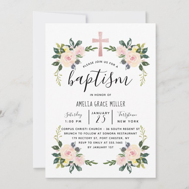Soft Blush Florals Modern Baptism Invitation (Front)