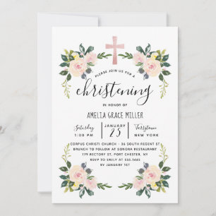 Soft Blush Florals Modern Christening Invitation