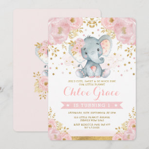 Soft Blush Gold Elephant 1st Birthday Chic Floral Invitation