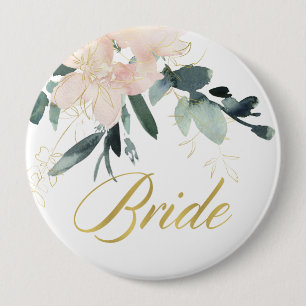 SOFT BLUSH GOLD FLORAL BUNCH WATERCOLOR BRIDE 10 CM ROUND BADGE