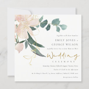SOFT BLUSH GOLD FLORAL BUNCH WATERCOLOR WEDDING INVITATION
