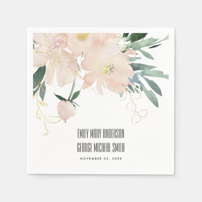 SOFT BLUSH GOLD FLORAL BUNCH WATERCOLOR WEDDING NAPKIN (Front)