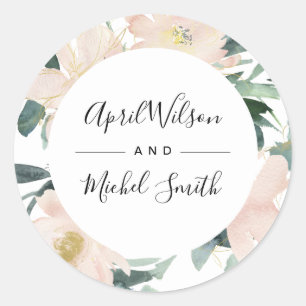 SOFT BLUSH GOLD FLORAL FRAME WATERCOLOR WEDDING CLASSIC ROUND STICKER