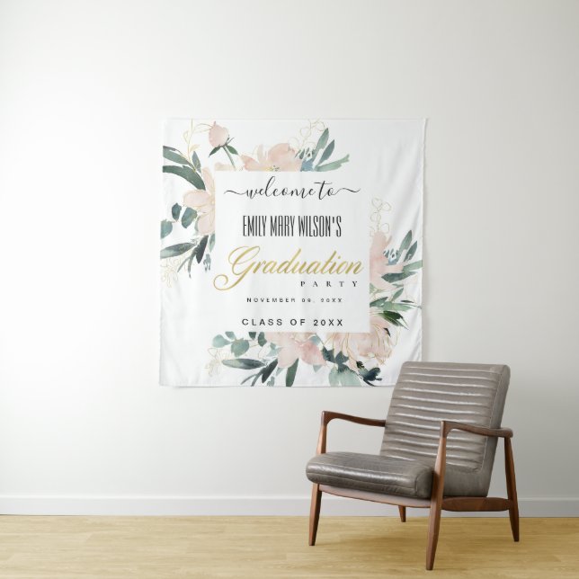 SOFT BLUSH GOLD FLORAL GRADUATION PARTY WELCOME TAPESTRY (In Situ)