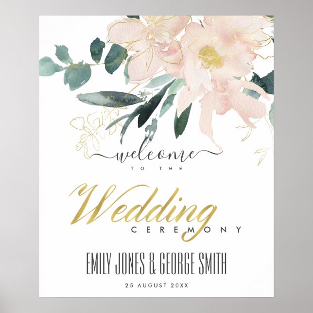 SOFT BLUSH GOLD FLORAL WATERCOLOR WEDDING WELCOME POSTER (Front)
