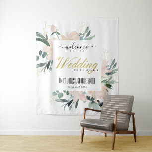 SOFT BLUSH GOLD FLORAL WATERCOLOR WEDDING WELCOME TAPESTRY