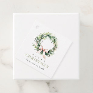 Soft Blush Green Christmas Wreath Watercolor Favour Tags