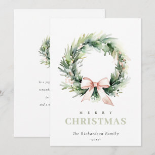 Soft Blush Green Christmas Wreath Watercolor Holiday Card