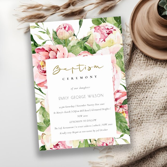 Soft Blush Green Floral Peony Watercolor Baptism Invitation (Creator Uploaded)